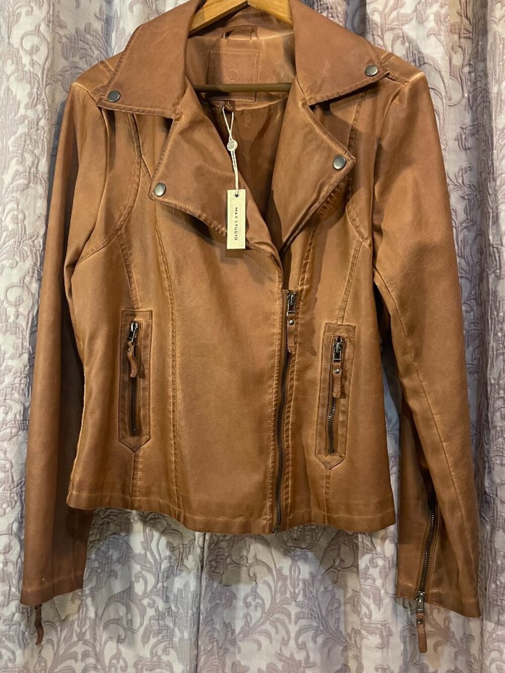 NWT Max Studio Large Women's Cognac Everyday Casual Faux Leather Moto Jacket - Picture 5 of 16
